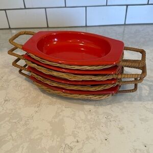 Vintage Dynastyware enamel bakeware with rattan holders